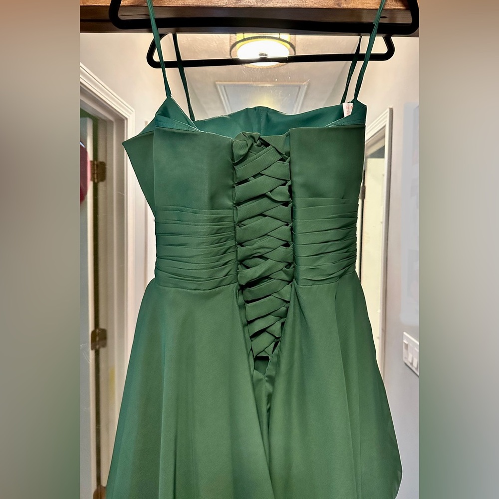 Dark green chiffon short formal dress with corset tie in back - Picture 3 of 7